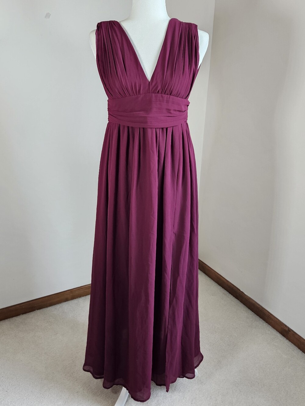 Lulus Heavenly Hues Maxi Dress Plunge V Neck Leg Slit Burgundy Shirred Waist LG